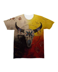Tribal buffalo skull T-shirt front print with multicolor headdress, short sleeves