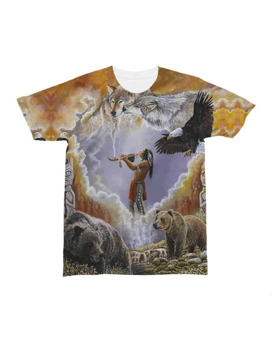 Multicolor graphic tee showing native figure in center with eagle, bears, and wild animals