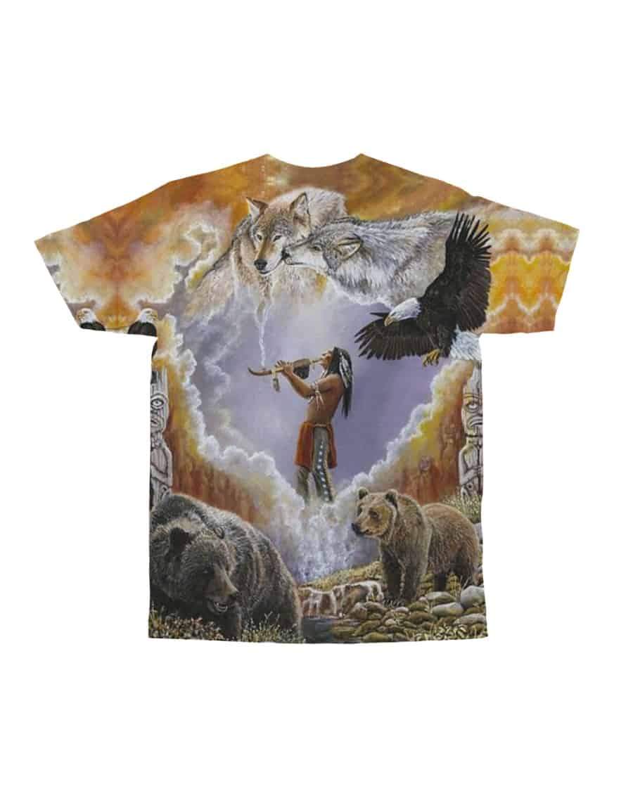 Multicolor T-shirt front print with eagle, native figure, bear faces, and totem borders