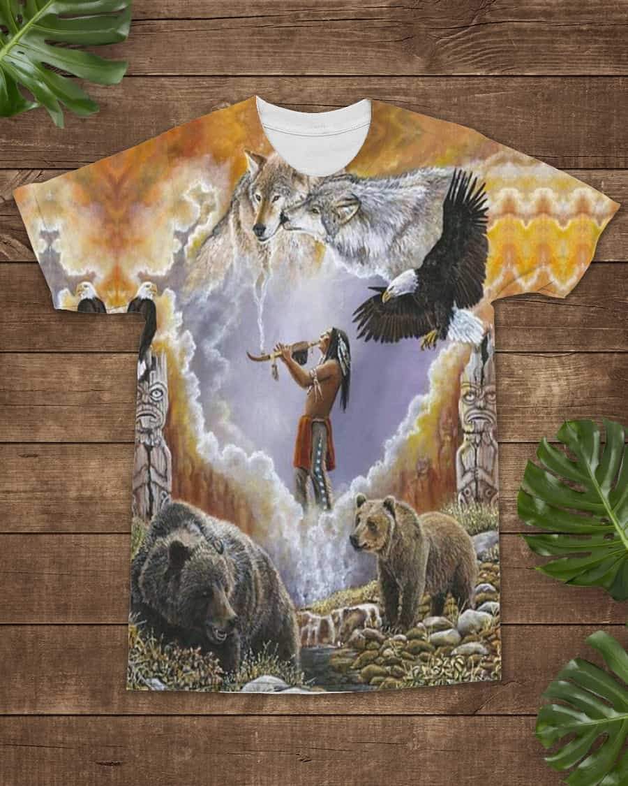 Multicolor graphic T-shirt with eagle, native figure, bears, and totem-style designs