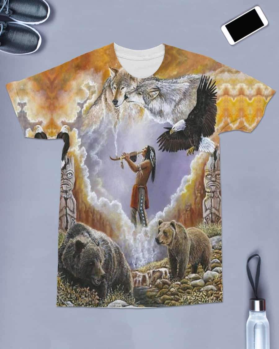 Multicolor front graphic T-shirt featuring eagle in flight, native person, bears