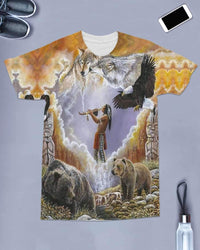 Multicolor front graphic T-shirt featuring eagle in flight, native person, bears