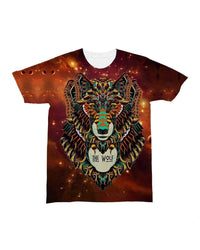 Brown crew-neck T-shirt front: multicolor wolf face with teal and gold accents