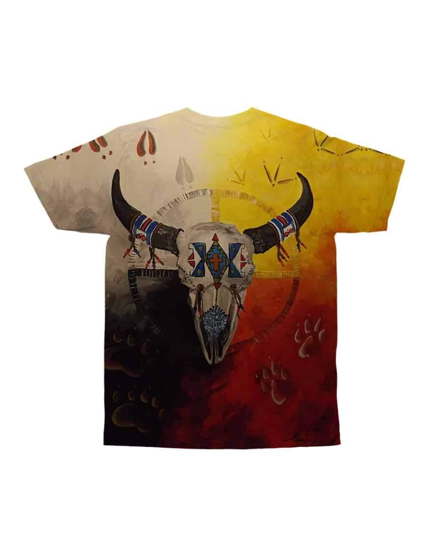 Buffalo skull and horns T-shirt with multicolor tribal design, short sleeves