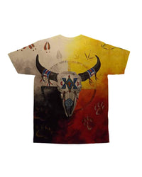 Buffalo skull and horns T-shirt with multicolor tribal design, short sleeves
