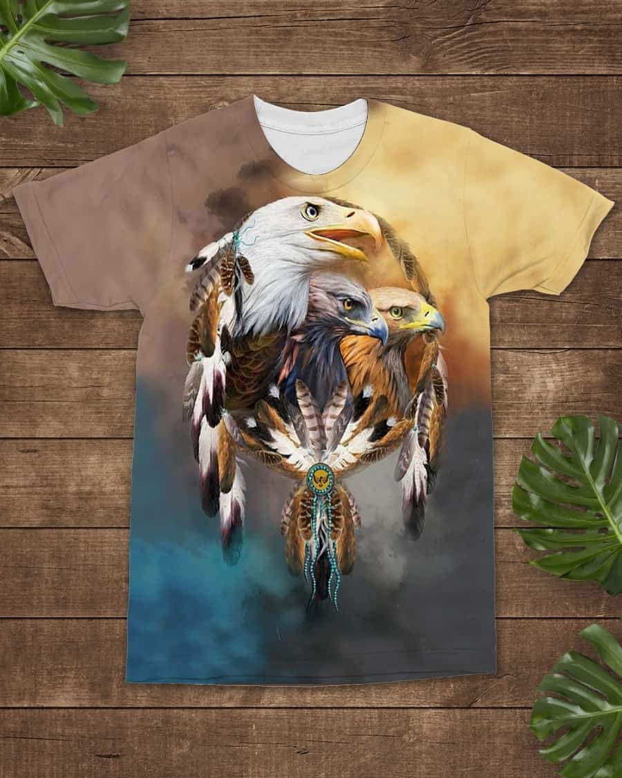 Native dreamcatcher eagle 3D graphic all-over T-shirt, crew neck, front view