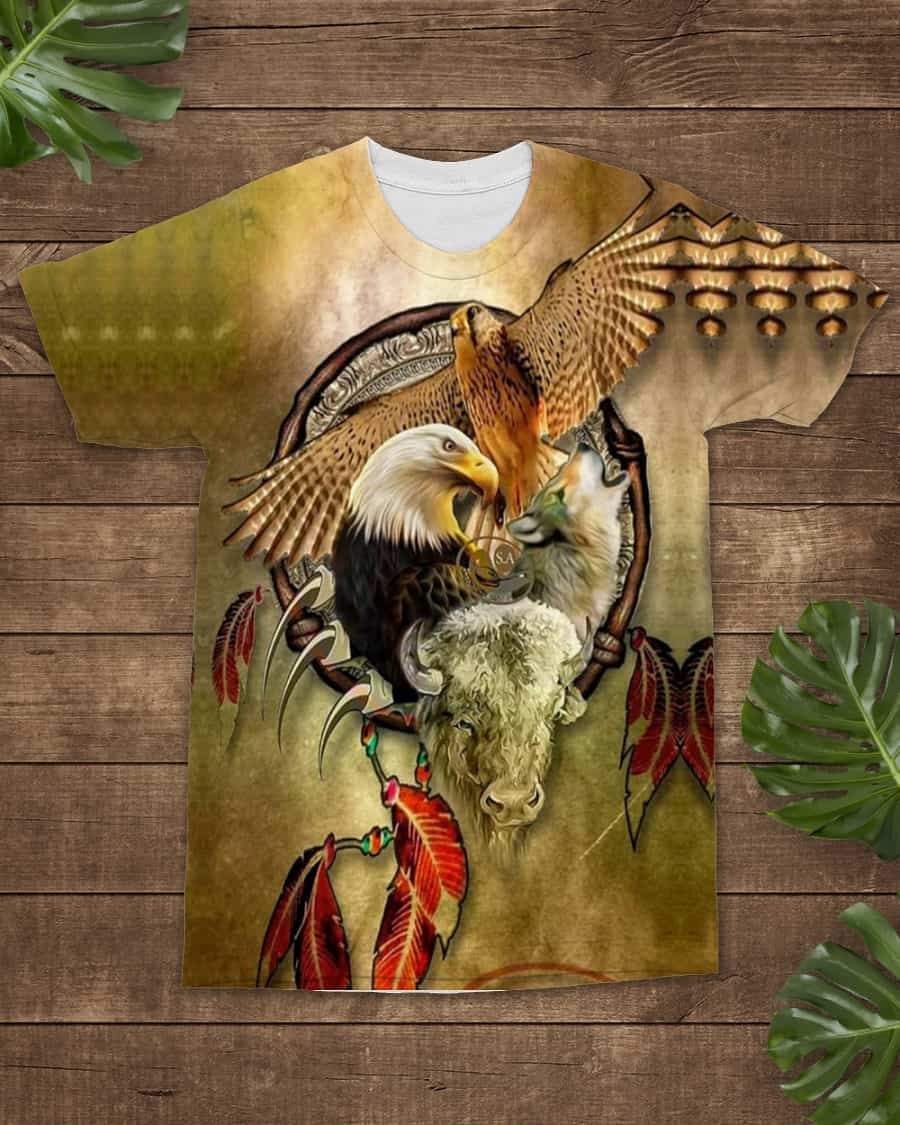 All-over graphic Native American eagle, wolf and hawk on olive/tan short-sleeve T-shirt