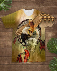 All-over graphic Native American eagle, wolf and hawk on olive/tan short-sleeve T-shirt