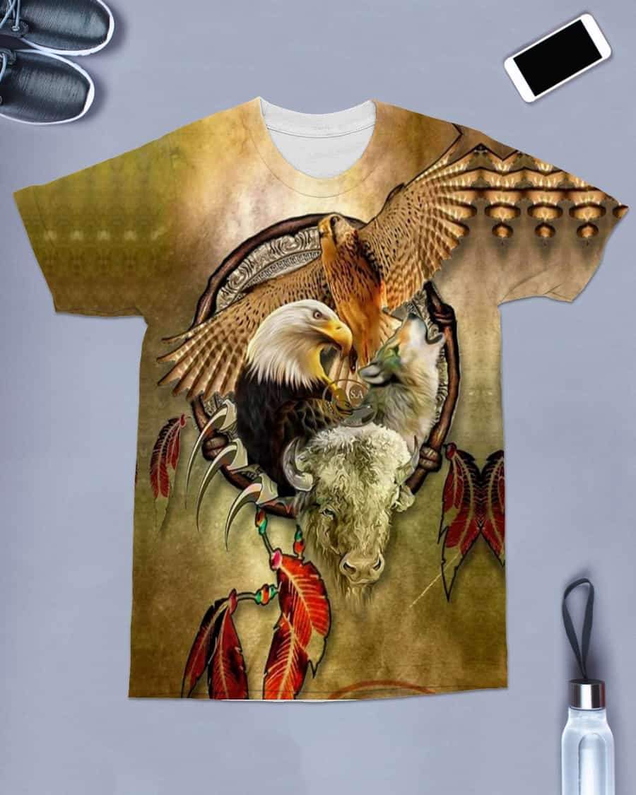 Front view all-over print of eagle, wolf and hawk on olive/tan T-shirt with crew neck