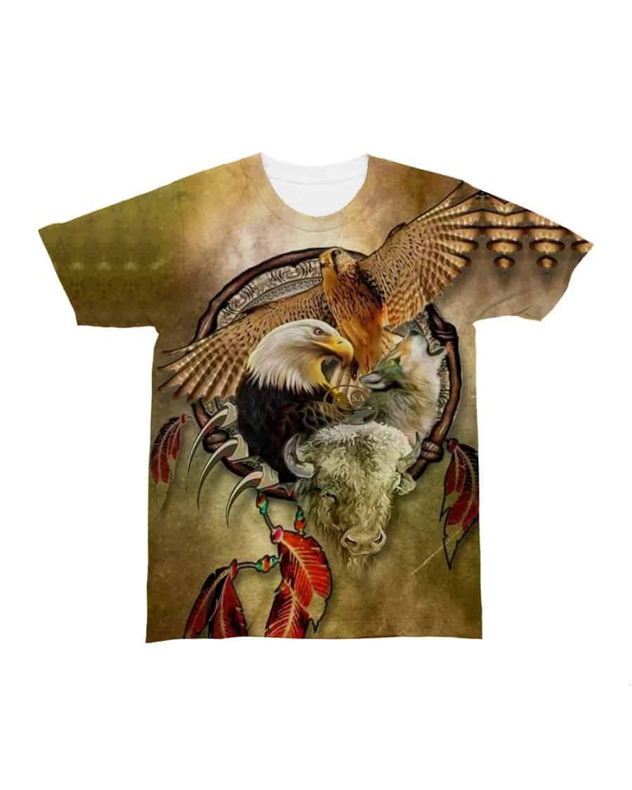Centered eagle and wolf all-over artwork on olive/tan crew-neck T-shirt