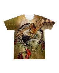 Centered eagle and wolf all-over artwork on olive/tan crew-neck T-shirt