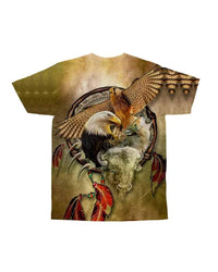 Eagle wings and red feather details on olive/tan crew-neck T-shirt, full front print
