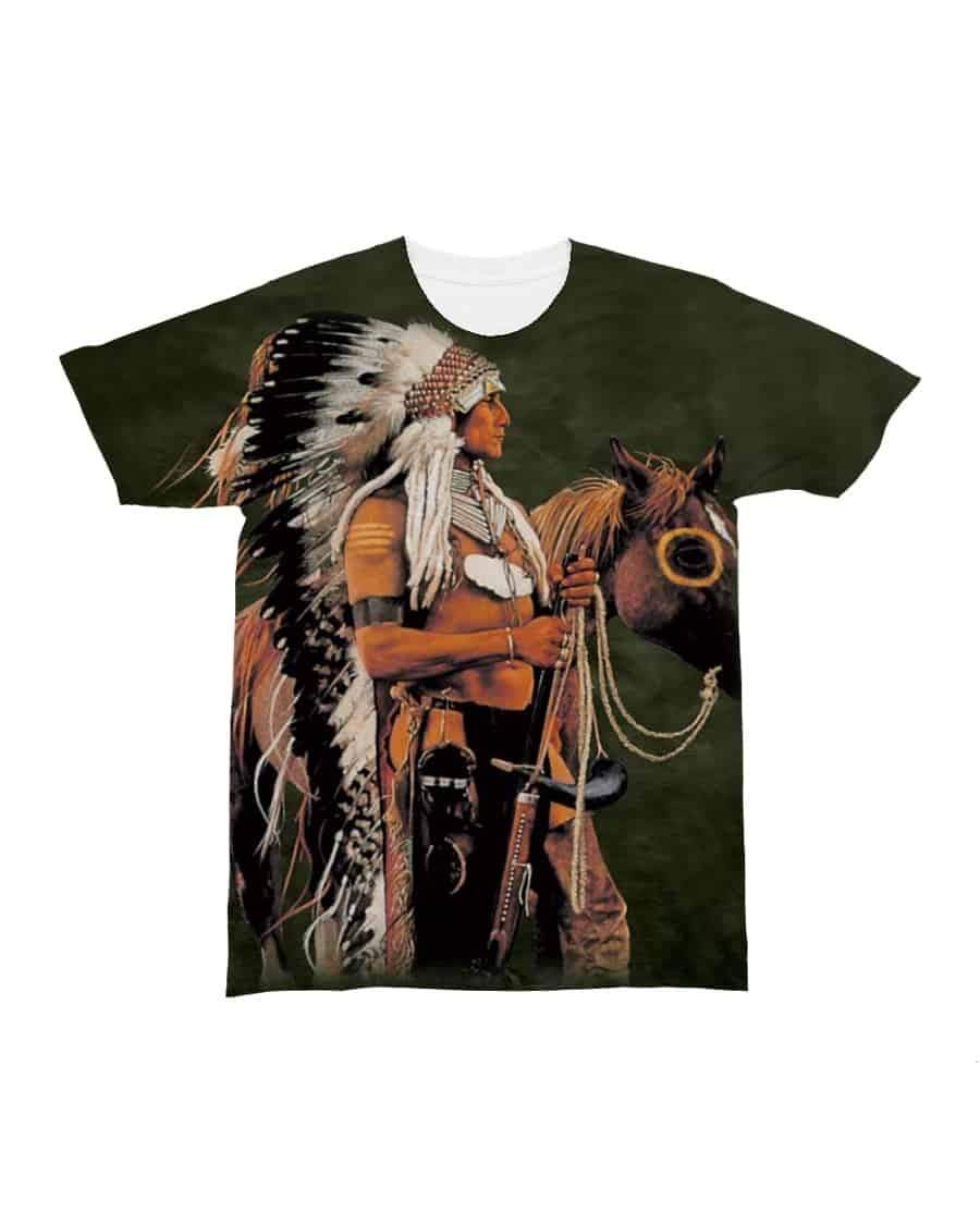 Green crewneck T-shirt featuring Native warrior portrait with horse head graphic