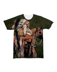 Green crewneck T-shirt featuring Native warrior portrait with horse head graphic