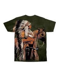 Green T-shirt with Native warrior and horse artwork, centered front print