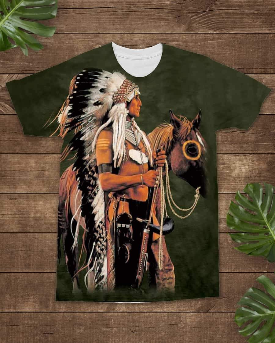 Green T-shirt with Native warrior and horse graphic print, multicolor front design