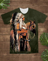 Green T-shirt with Native warrior and horse graphic print, multicolor front design
