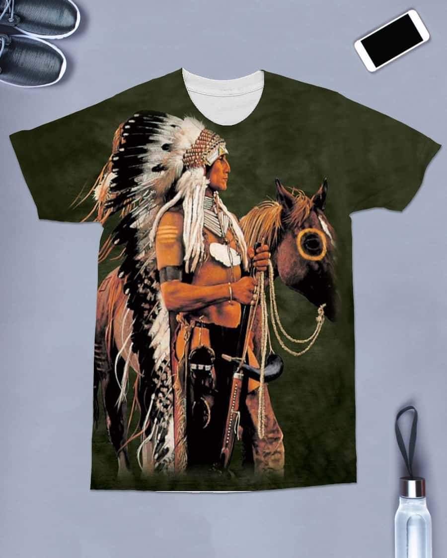 Green T-shirt, front view: Native warrior with headdress holding rope beside horse