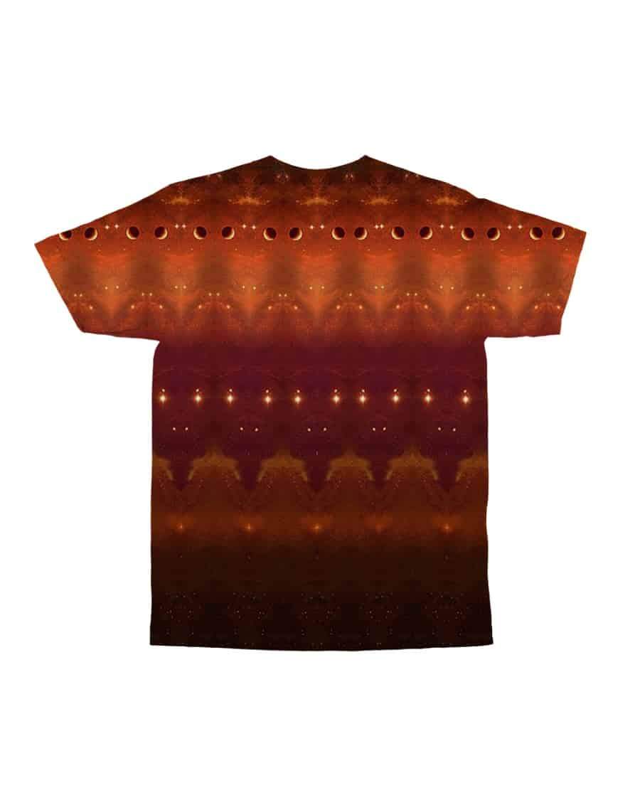Brown crew-neck T-shirt back with repeating teal-and-gold geometric and star pattern