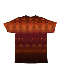 Brown crew-neck T-shirt back with repeating teal-and-gold geometric and star pattern