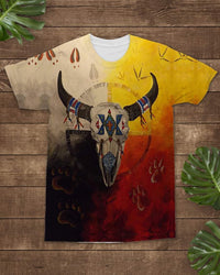 Buffalo skull graphic T-shirt with multicolor tribal patterns and short sleeves