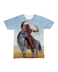 Light blue short-sleeve T-shirt with large Native-style archer and horse illustration