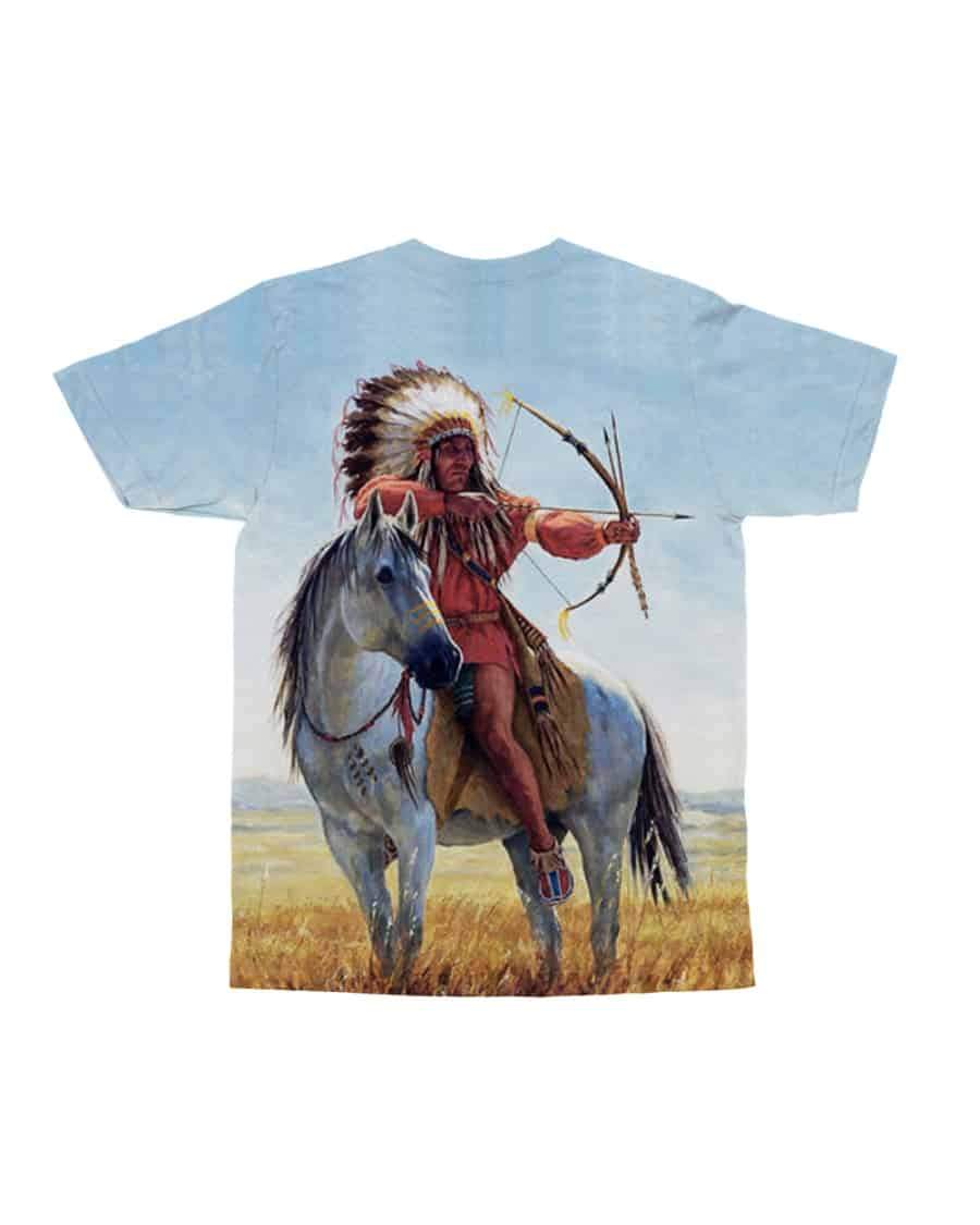 Light blue T-shirt, front view: archer holding bow riding a white horse graphic