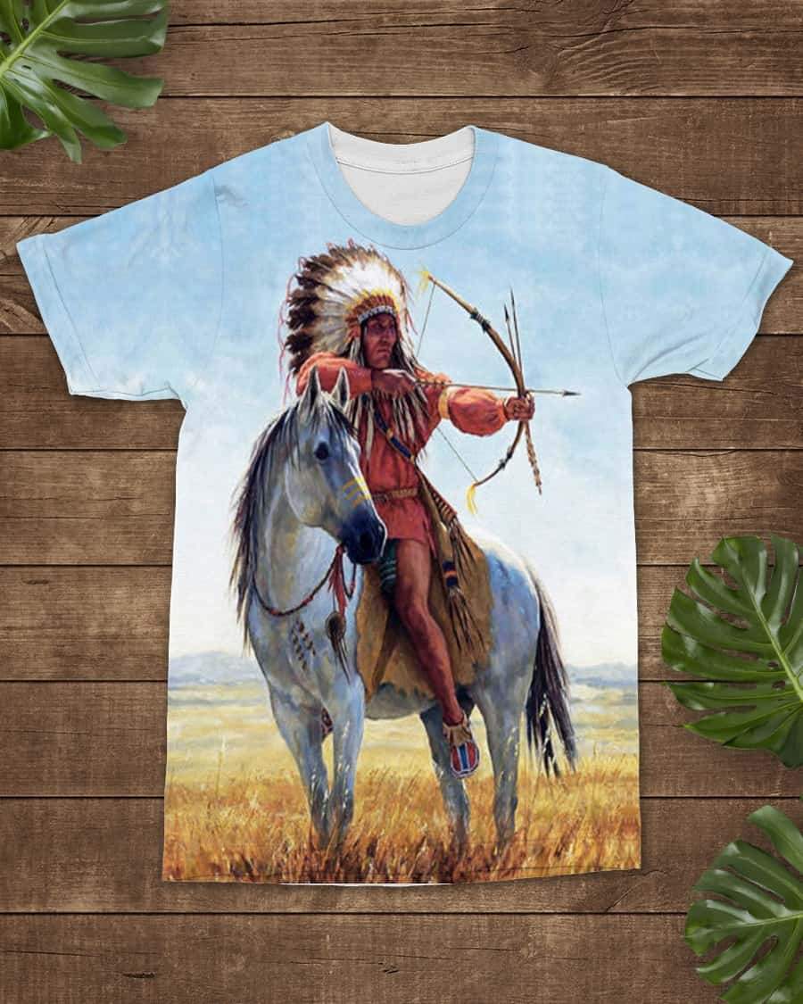 Light blue T-shirt with front graphic of archer in headdress on a white horse