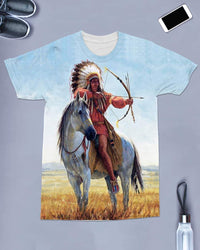 Light blue crew-neck T-shirt featuring archer with bow and horse full-front print