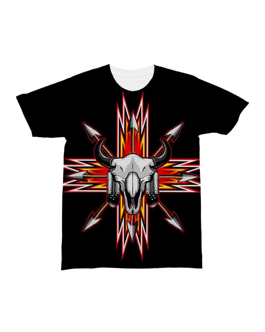 Black crewneck T-shirt with bison skull and red arrowburst graphic