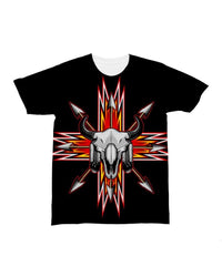 Black crewneck T-shirt with bison skull and red arrowburst graphic