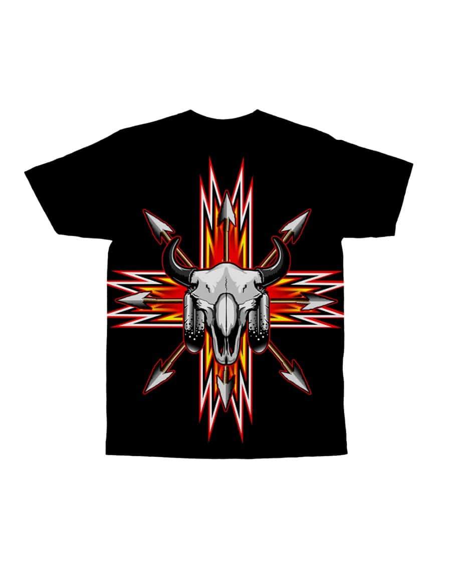 Black T-shirt front print: gray bison skull with red and white lightning arrows