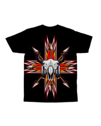 Black T-shirt front print: gray bison skull with red and white lightning arrows