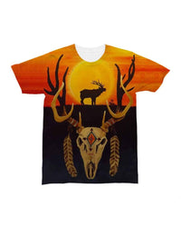 Orange and black graphic T-shirt with deer skull, hanging feather details, cacti shapes