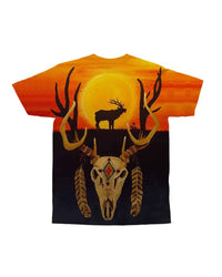 Orange-black crewneck T-shirt featuring deer silhouette, skull artwork, and cacti near sun