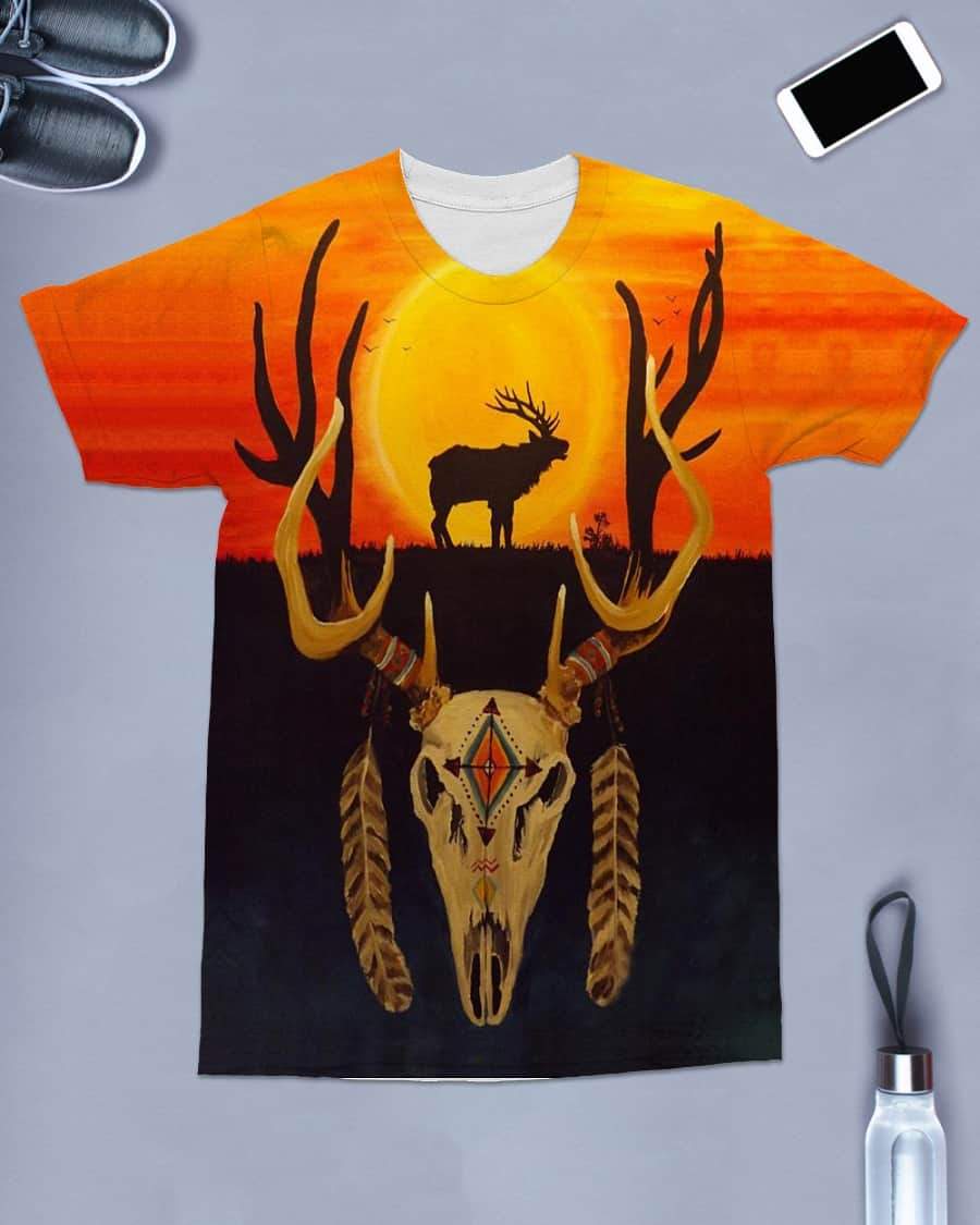 Orange-black T-shirt front graphic: deer skull, antlers, feathers, and cacti silhouette