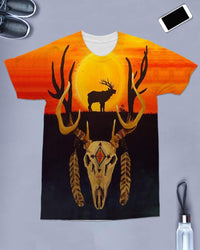 Orange-black T-shirt front graphic: deer skull, antlers, feathers, and cacti silhouette