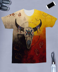 Multicolor buffalo skull T-shirt with horns, red-yellow artwork, short sleeves