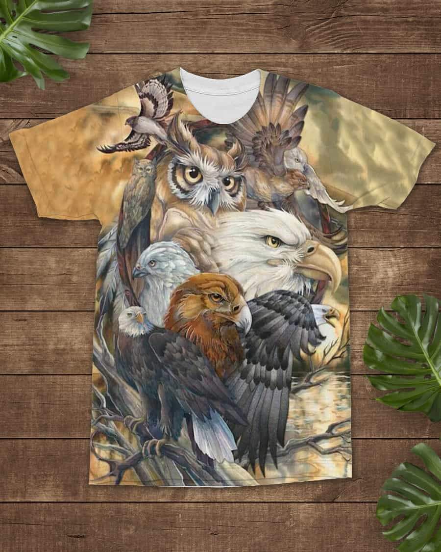 All-over multicolor bird and owl graphic crewneck T-shirt, short sleeves