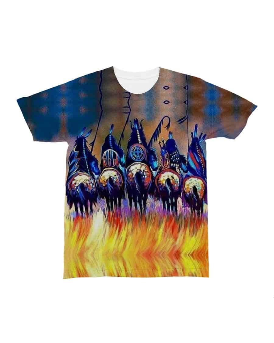 Native American T-shirt with five warrior horse riders, dark blue and bright orange hem