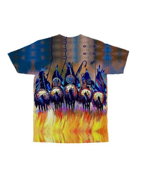 Native American warrior horse riders T-shirt, all-over multicolor silhouette art