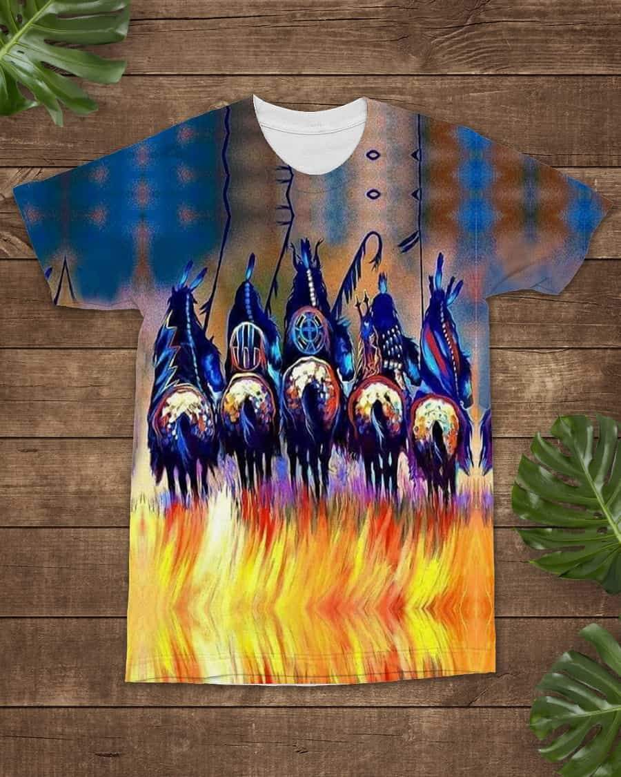 Multicolor crew-neck graphic T-shirt with Native warrior rider print all-over