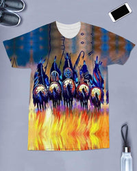 Native American warrior-riding horses T-shirt, crew neck, blue and yellow graphic