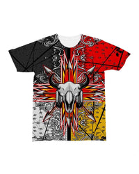 Bison skull graphic T-shirt with red bandana-style top, yellow side stripe