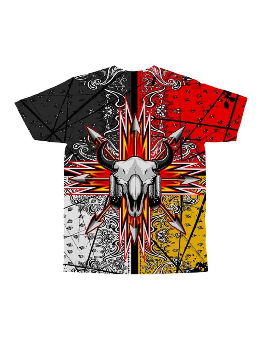 Red and black bison skull Native American graphic T-shirt with white and yellow accents