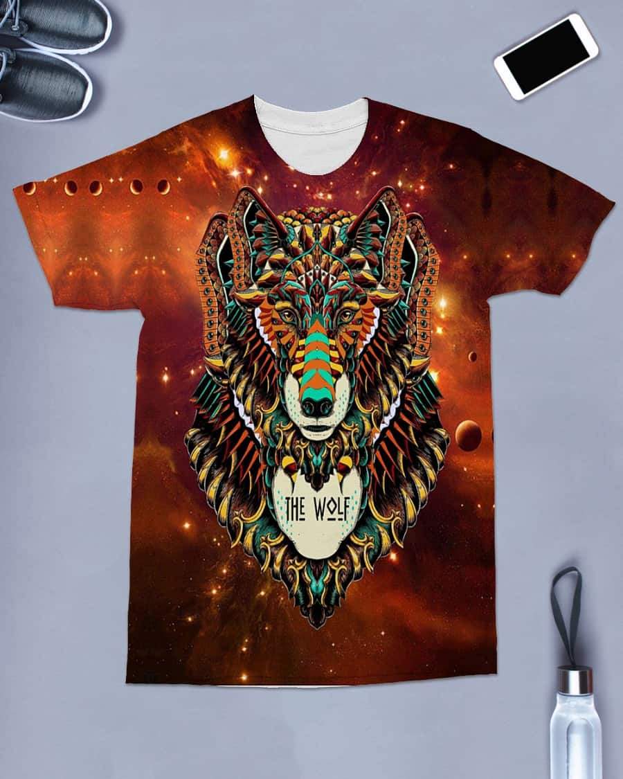 Brown crew-neck T-shirt with detailed multicolor wolf portrait, celestial speckles