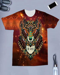 Brown crew-neck T-shirt with detailed multicolor wolf portrait, celestial speckles