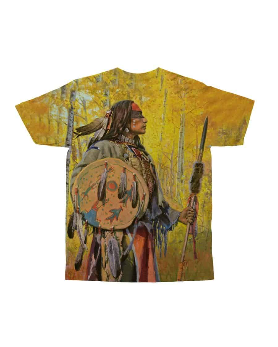 Native American warrior graphic T-shirt, close front view with spear