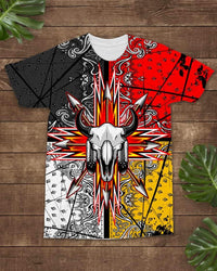 Multicolor bison skull Native American graphic T-shirt with red, black, white, yellow panels