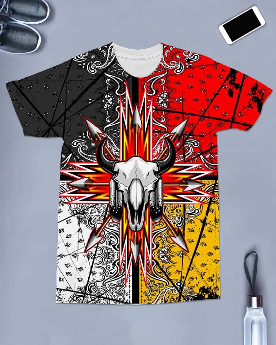 Front view bison skull Native American flag graphic T-shirt in red, yellow and black